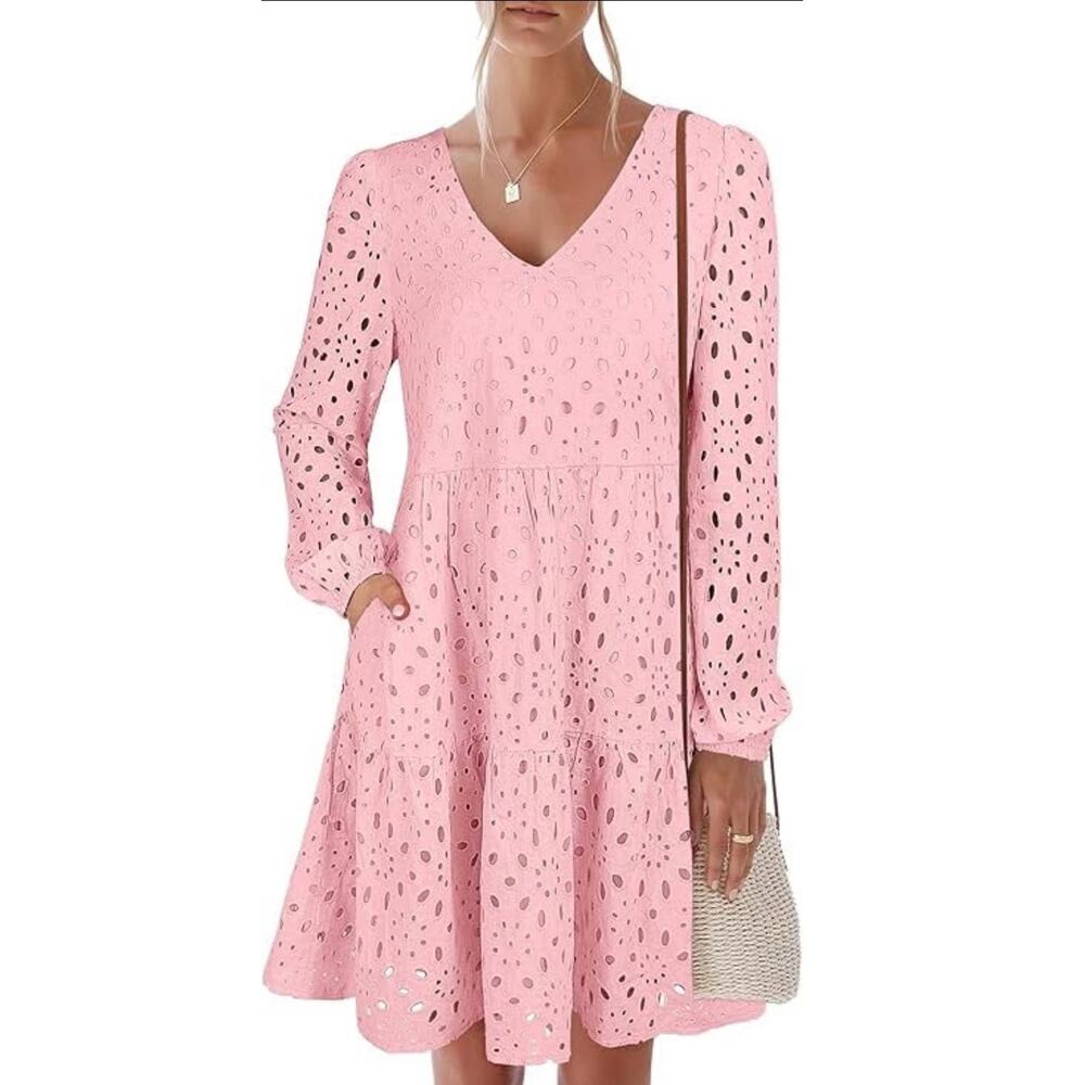 ANRABESS Womens Soft Pink Eyelet Lace Lined V Neck Long Sleeve Dress 2XL NEW